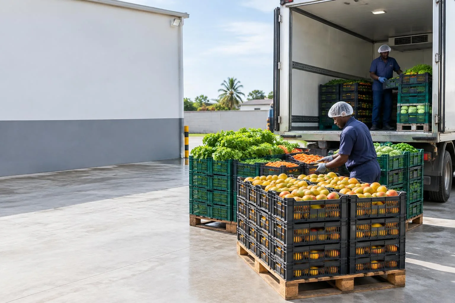 Fruits et légumes en caisses au chargement d’un camion frigorifique