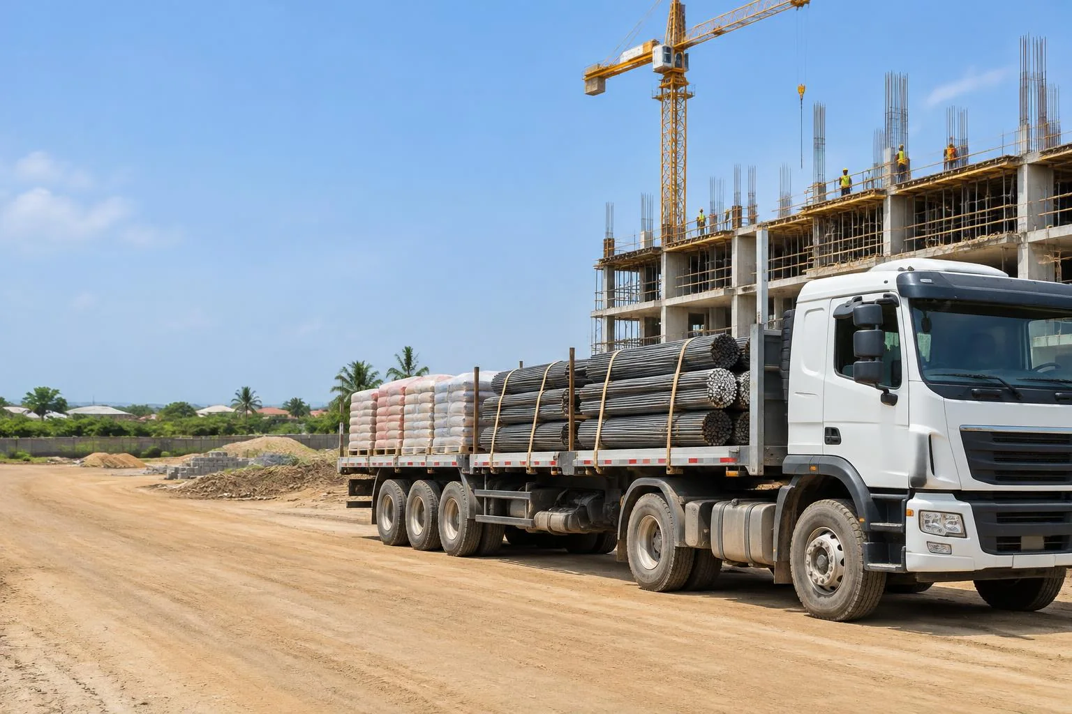 Camion plateau de matériaux de construction devant un chantier
