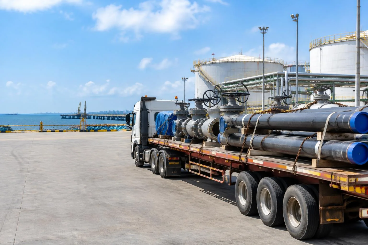 Transport de tuyauteries et vannes sur un terminal énergétique