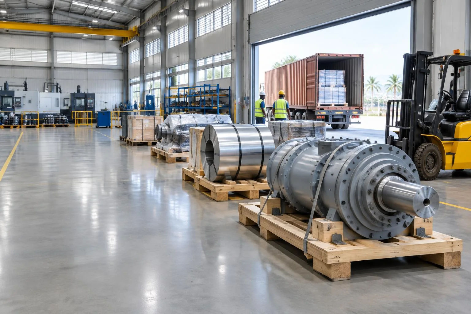Pièces de machines et bobines d’acier préparées pour expédition en usine
