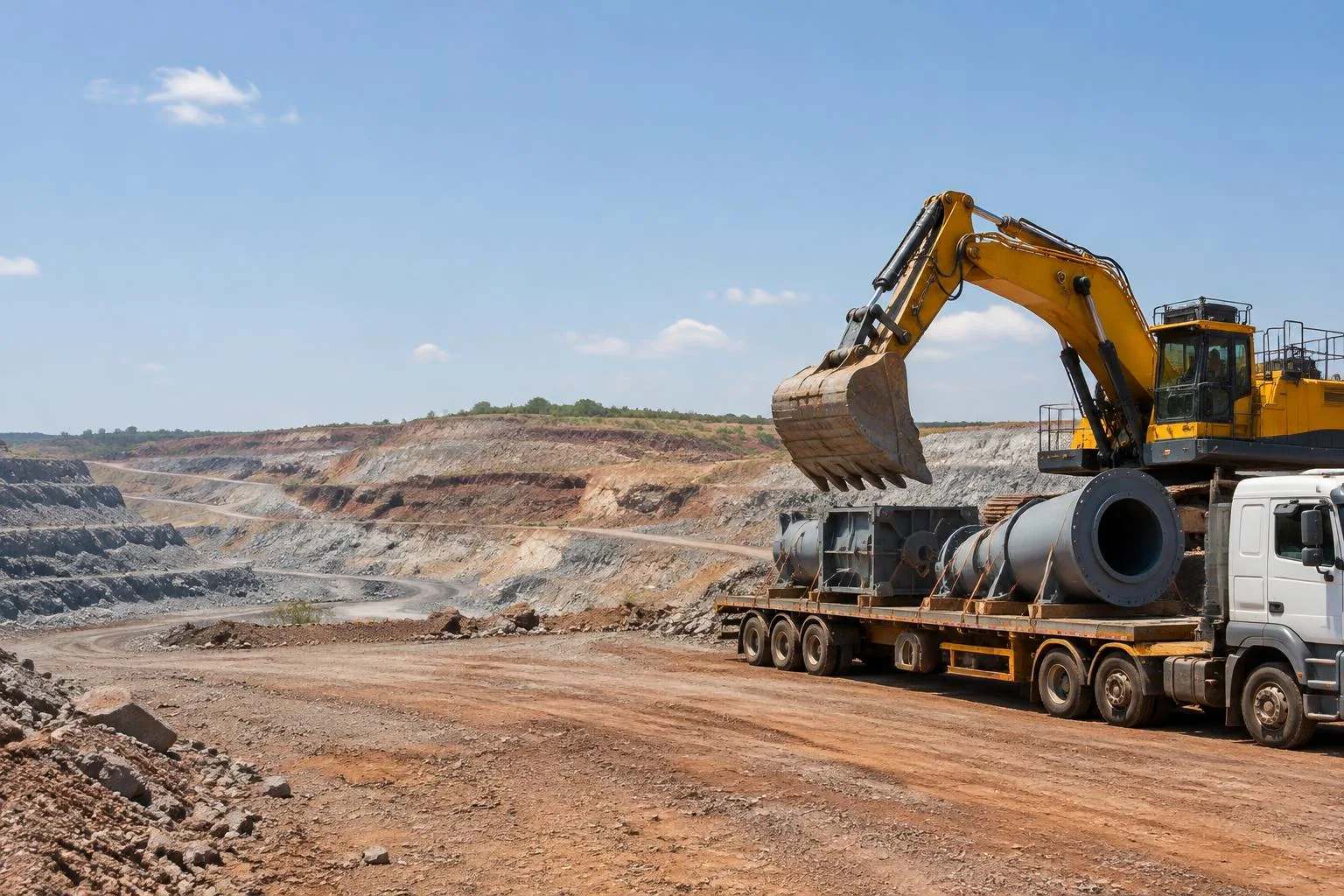 Engins et équipements miniers transportés sur un camion plateau dans une carrière